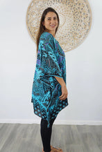 Load image into Gallery viewer, Sundrenched Retro Batik Turquoise Kaftan Top.  One Size Fits All.
