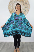 Load image into Gallery viewer, Sundrenched Retro Batik Turquoise Kaftan Top.  One Size Fits All.
