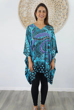 Load image into Gallery viewer, Sundrenched Retro Batik Turquoise Kaftan Top.  One Size Fits All.

