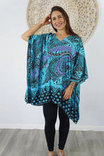 Load image into Gallery viewer, Sundrenched Retro Batik Turquoise Kaftan Top.  One Size Fits All.
