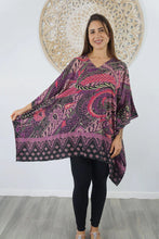Load image into Gallery viewer, Sundrenched Retro Batik Purple Kaftan Top.  One Size Fits All.
