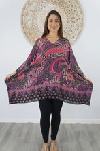 Load image into Gallery viewer, Sundrenched Retro Batik Purple Kaftan Top.  One Size Fits All.
