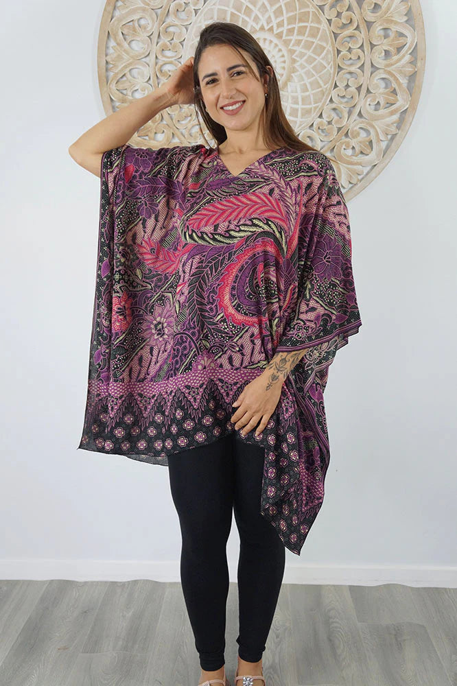 Sundrenched Retro Batik Purple Kaftan Top.  One Size Fits All.
