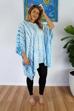 Load image into Gallery viewer, Tie Dye Print Waterglass Grey/Blue Kaftan Top.  One Size Fits All.
