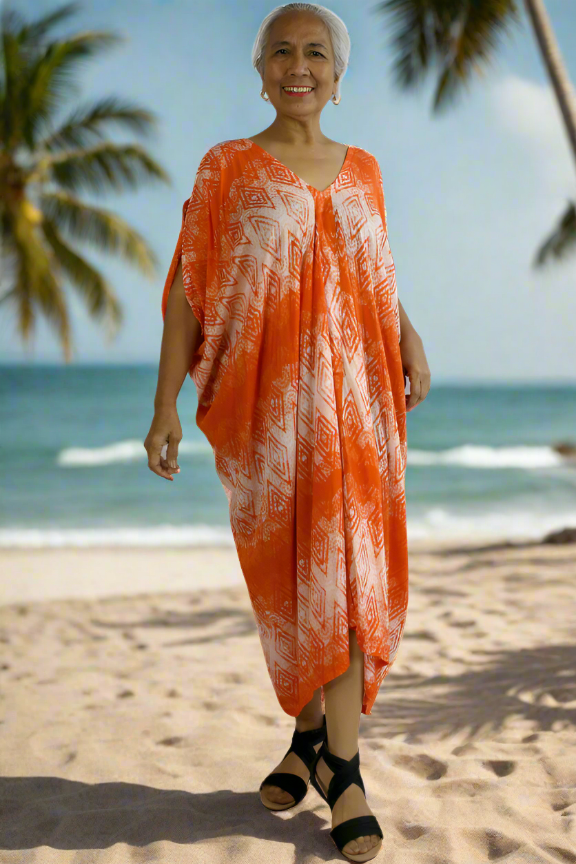 Vibrant Coral Summer Toga Sundrenched Long Kaftan Dress.  Free Size To Fit Sizes 8-18.