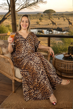 Load image into Gallery viewer, Relaxed Fit Long Leopard Gold Print Mykonos Kaftan Dress.  One Size Fits Sizes 10-18.
