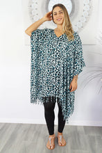 Load image into Gallery viewer, Vibrant Safari Print Aqua Kaftan Top.  One Size Fits All.
