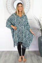 Load image into Gallery viewer, Vibrant Safari Print Aqua Kaftan Top.  One Size Fits All.
