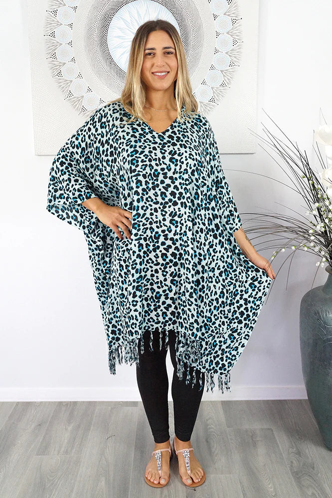 Vibrant Safari Print Aqua Kaftan Top.  One Size Fits All.