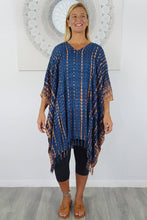 Load image into Gallery viewer, Fabulous Tie Dye Crackle Navy/Tan Kaftan Top.  One Size Fits All.
