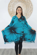 Load image into Gallery viewer, Sundrenched Outline Aqua Kaftan Top.  One Size Fits All.

