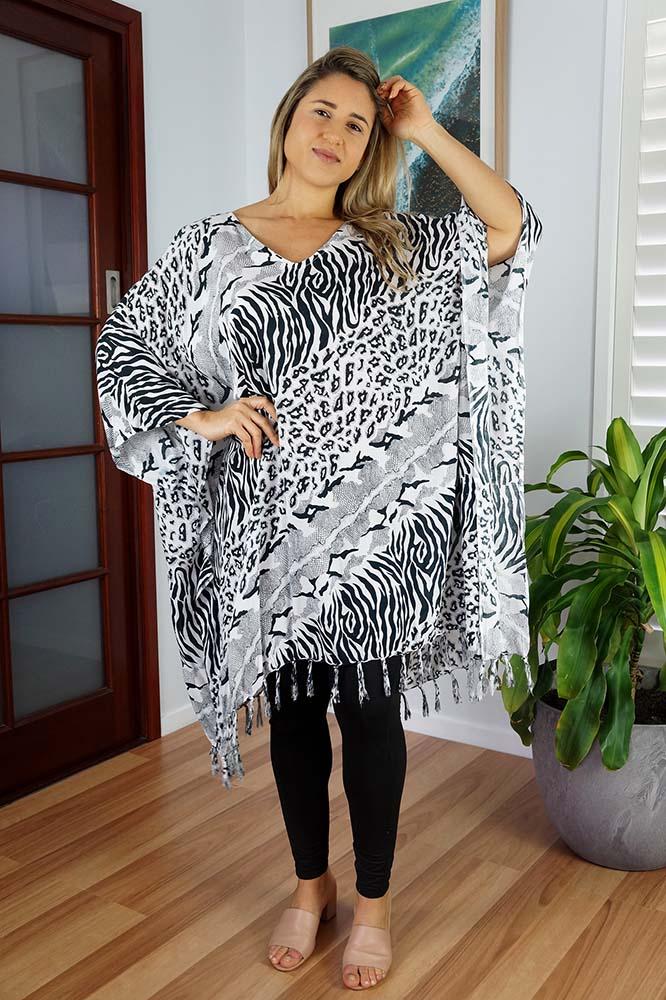 Vibrant Cheetah Black/White Kaftan Top.  One Size Fits All.