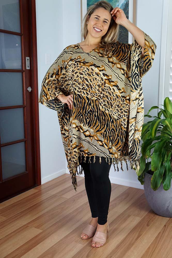 Vibrant Cheetah Print Brown Kaftan Top.  One Size Fits All.