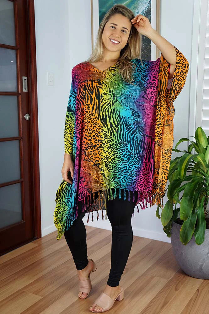 Vibrant Rainbow Cheetah Print Kaftan Top.  One Size Fits All.