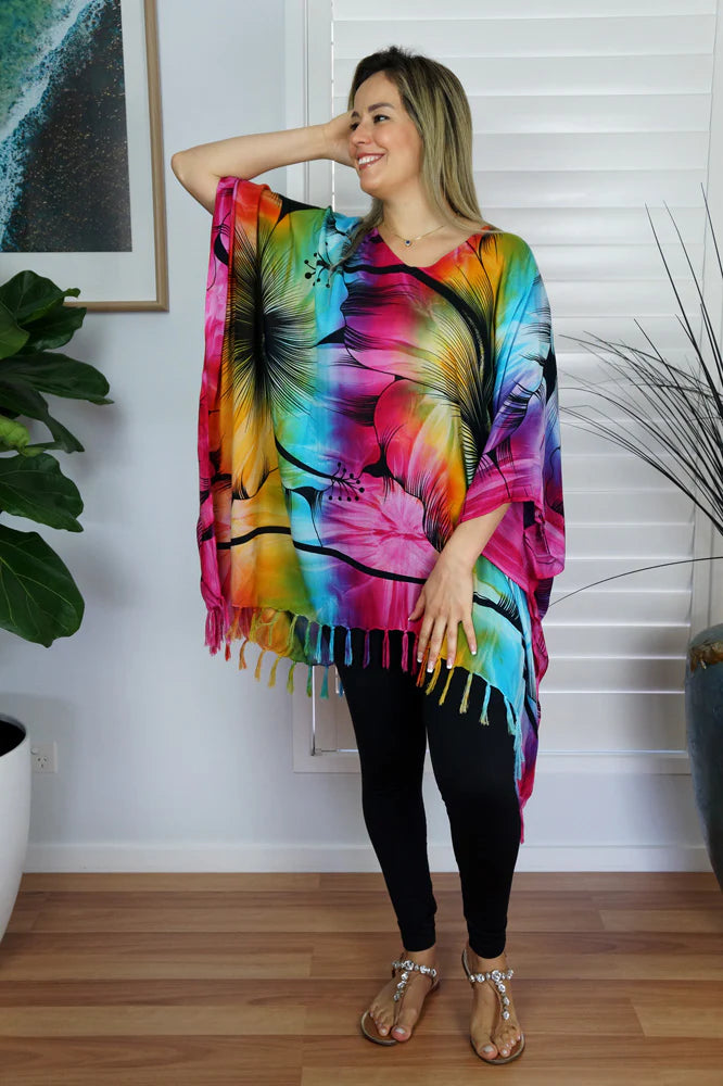 Vibrant Sunshine Rainbow Print Kaftan Top.  One Size Fits All.