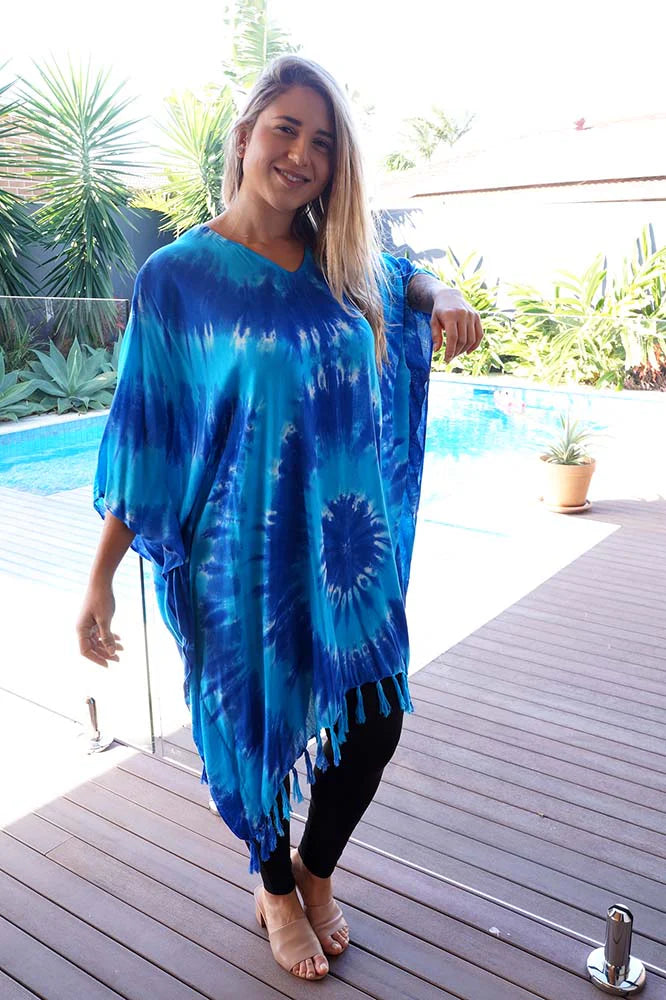 Vibrant Blue Tie Dye Kaftan Top.  One Size Fits All.