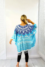 Load image into Gallery viewer, Kaftan Top In Bora Bora Blue &amp; White.  One Size Fits All.
