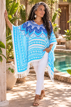 Load image into Gallery viewer, Kaftan Top In Bora Bora Blue &amp; White - One Size Fits All.
