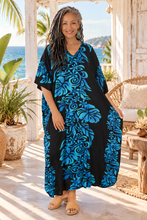 Load image into Gallery viewer, Sundrenched Florida Turquoise &amp; Black Long Kaftan Dress – One Size Fits All
