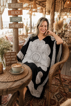 Load image into Gallery viewer, Sundrenched Crown Mandala Black &amp; White Long Kaftan Dress With Bling.  One Size Fits All.
