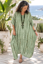 Load image into Gallery viewer, Sundrenched Crackle Soft Olive Long Kaftan Dress - One Size Fits All
