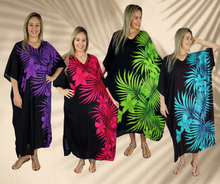 Load image into Gallery viewer, Sundrenched Palm Print Purple &amp; Black Long Kaftan Dress.  One Size Fits All.

