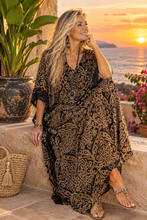 Load image into Gallery viewer, Sundrenched Pendant Print Brown &amp; Black Long Kaftan Dress. One Size Fits All.
