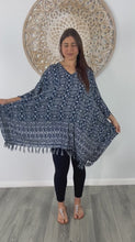 Load and play video in Gallery viewer, Kaftan Top in Fan Navy &amp; White.  One Size Fits All.
