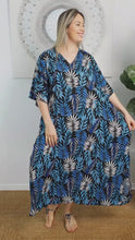 Load and play video in Gallery viewer, Sundrenched Long Kaftan Dress Premium Black &amp; Blue Kavieng .  One Size Fits All.
