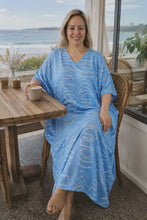 Load and play video in Gallery viewer, Sundrenched Half Moon Sky Blue  Long Kaftan Dress.   One Size Fits All.
