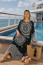 Load and play video in Gallery viewer, Sundrenched Tunisia Mandala Black &amp; White Long Kaftan Dress With Bling - One Size Fits All
