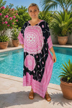 Load and play video in Gallery viewer, Sundrenched pink &amp; black Tunisia Mandala long kaftan dress with bling.  One Size Fits All.
