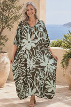 Load and play video in Gallery viewer, Sundrenched Raratonga Choc &amp; Mint Long Kaftan Dress.   One Size Fits All.
