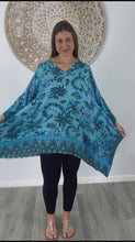 Load and play video in Gallery viewer, Kaftan Top in Bandung Batik Aqua.  One Size Fits All.
