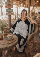 Load and play video in Gallery viewer, Sundrenched Crown Mandala Black &amp; White Long Kaftan Dress With Bling.  One Size Fits All.
