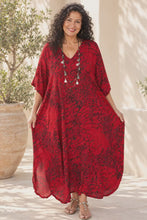 Load and play video in Gallery viewer, Festive Sundrenched Animal Red Long Kaftan Dress. One Size Fits All.
