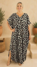 Load and play video in Gallery viewer, Relaxed Fit Long Savvanah Brown Print Mykonos Kaftan Dress.  One Size Fits Sizes 10-18
