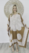 Load and play video in Gallery viewer, Sundrenched Crown Mandala Tan &amp; White Long Kaftan Dress With Bling.  One Size Fits All.
