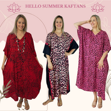 Load image into Gallery viewer, Festive Sundrenched Animal Red Long Kaftan Dress.  One size fits all.
