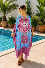 Load image into Gallery viewer, Sundrenched Tunisia Mandala boho aqua &amp; pink long kaftan dress.  One Size Fits All.
