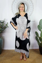 Load image into Gallery viewer, Sundrenched Crown Mandala black &amp; white kaftan with bling.  One Size Fits All.
