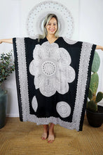 Load image into Gallery viewer, plus size crown mandala black &amp; white long kaftan with bling 
