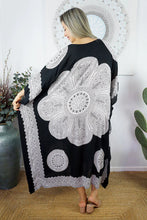 Load image into Gallery viewer, Sundrenched Crown Mandala black &amp; white kaftan with bling.  One Size Fits All.
