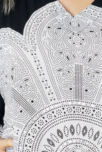 Load image into Gallery viewer, Sundrenched Crown Mandala black &amp; white kaftan with bling.  One Size Fits All.
