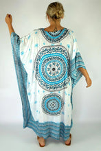 Load image into Gallery viewer, Sundrenched long blue &amp; white Tunisia Mandala kaftan with bling.  One Size Fits All.
