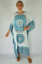 Load image into Gallery viewer, plus size mandala blue &amp; white long kaftan
