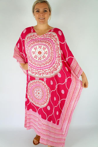 plus size mandala print pink & white long kaftan