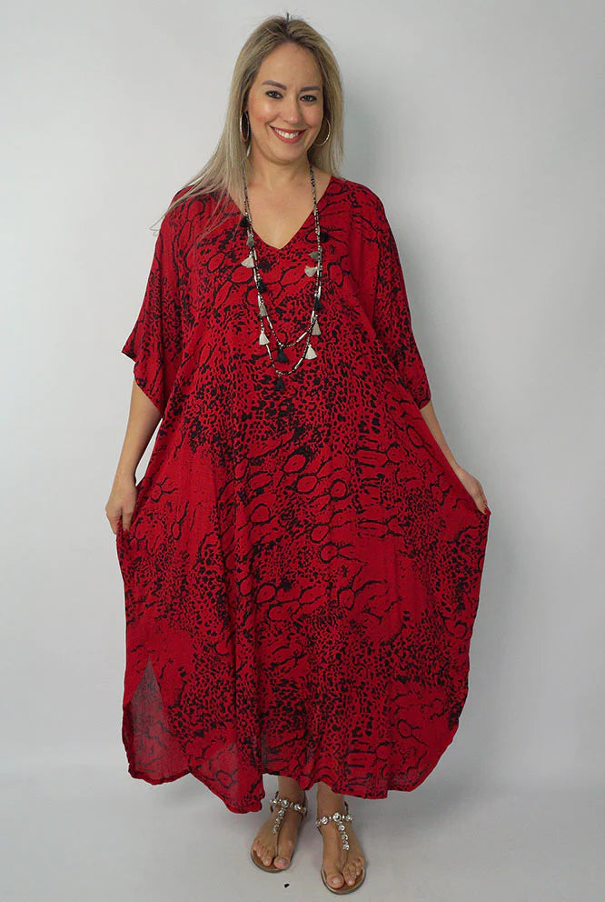 Sundrenched Animal Red Long Kaftan Dress. One size fits all – Karmaroad