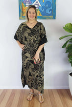 Load image into Gallery viewer, Sundrenched Betelnut Black &amp; Stone Long Kaftan Dress.  One Size Fits All.
