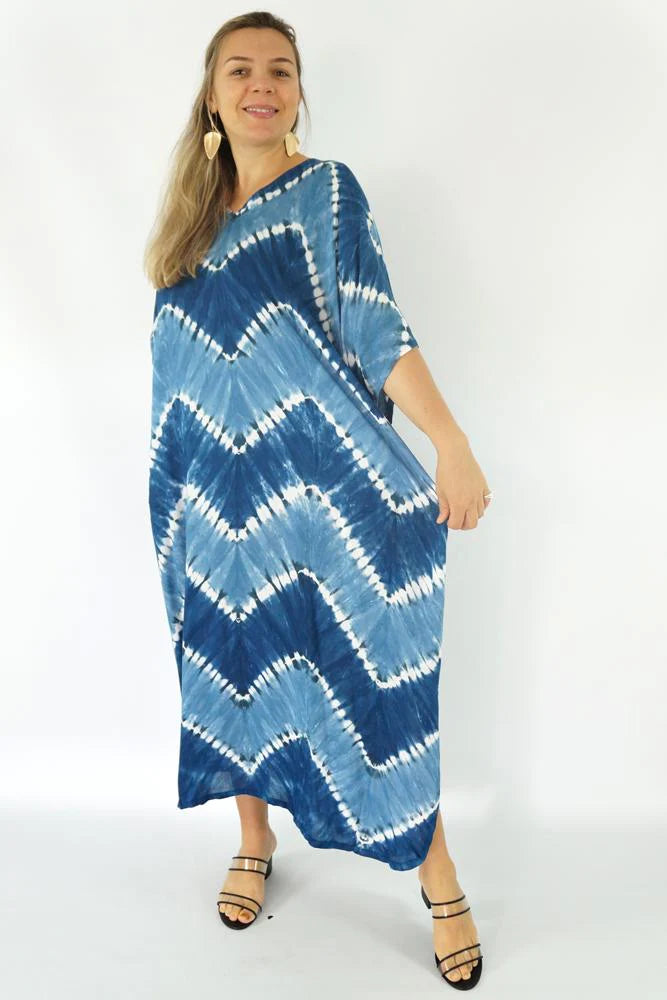 plus size tie dye blue & white long kaftan